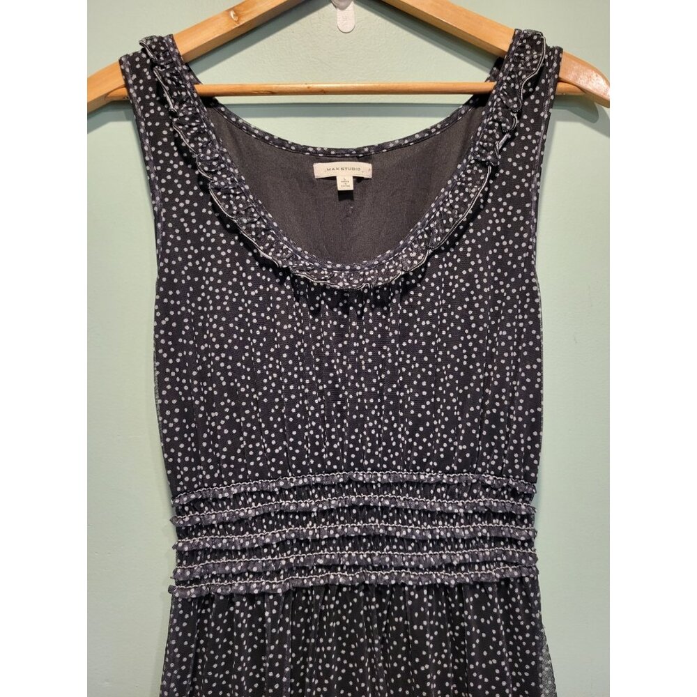 Black Polkadot Sleeveless Tiered Midi Dress Sz L Max Studio Dark Cottagecore - Picture 2 of 8